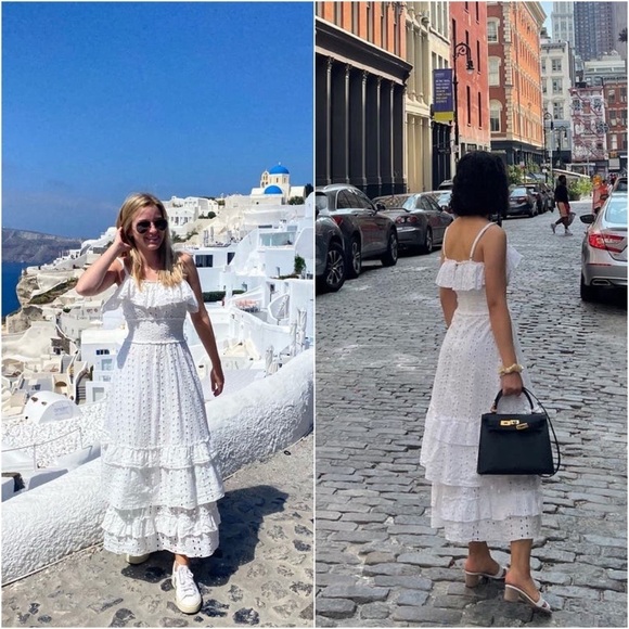 SLATE & WILLOW Cotton Eyelet Smocked Waist Sleeveless Tiered Ruffle Midi Dress M - Picture 4 of 9